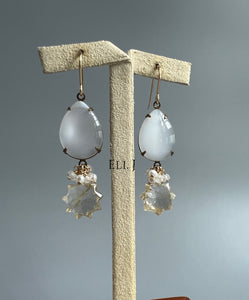 Vintage “Moonstone” Glass, Golden Rutile Stars, 14kGF Earrings