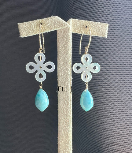 Larimar, Mother of Pearl Knots 14KGF Earrings