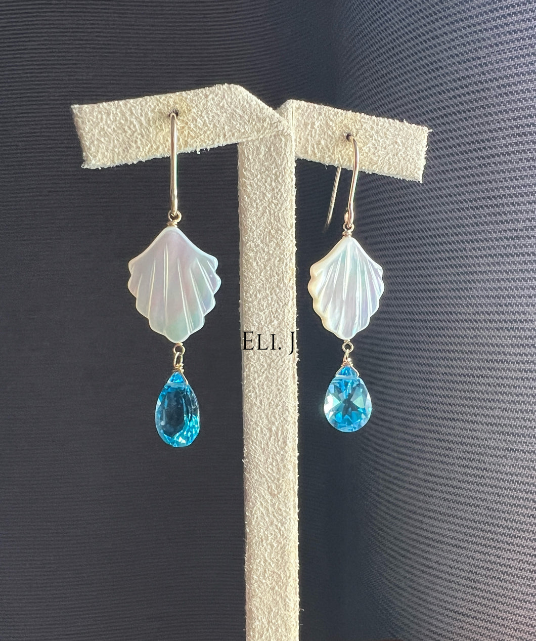 Mother of Pearl Shells, Swiss Blue Topaz 14KGF Earrings