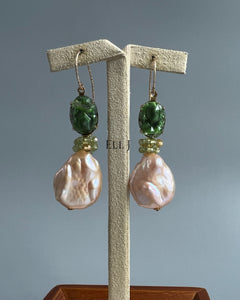 Vintage Glass, Peach Baroque Pearls & Gems 14kGF Earrings