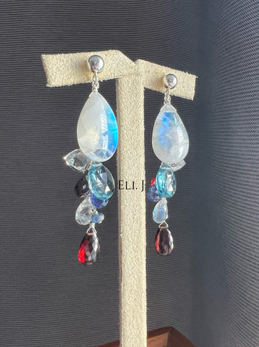 Rainbow Moonstone, London Blue Topaz, Garnet, Tanzanite 925 Sterling Silver Earrings