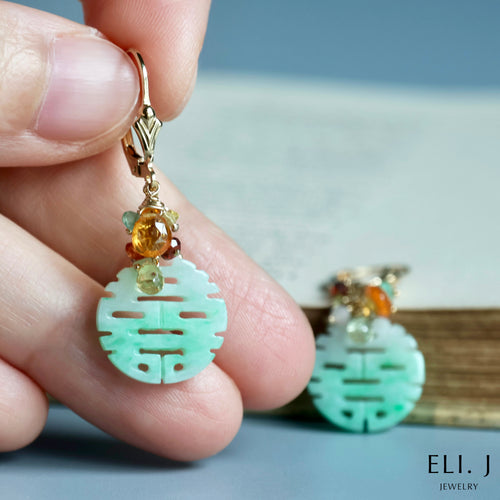 [Signature] 喜喜 Double Happiness Type A Burmese Jade, Gemstone Earrings