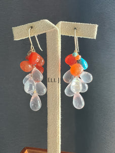 Rose Quartz, Sleeping Beauty Turquoise, Carnelian 14KGF Earrings