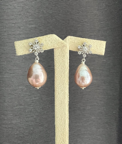 Pink- Bronze Teardrop Edison Pearls, 925 Silver Snowflake Earring Studs