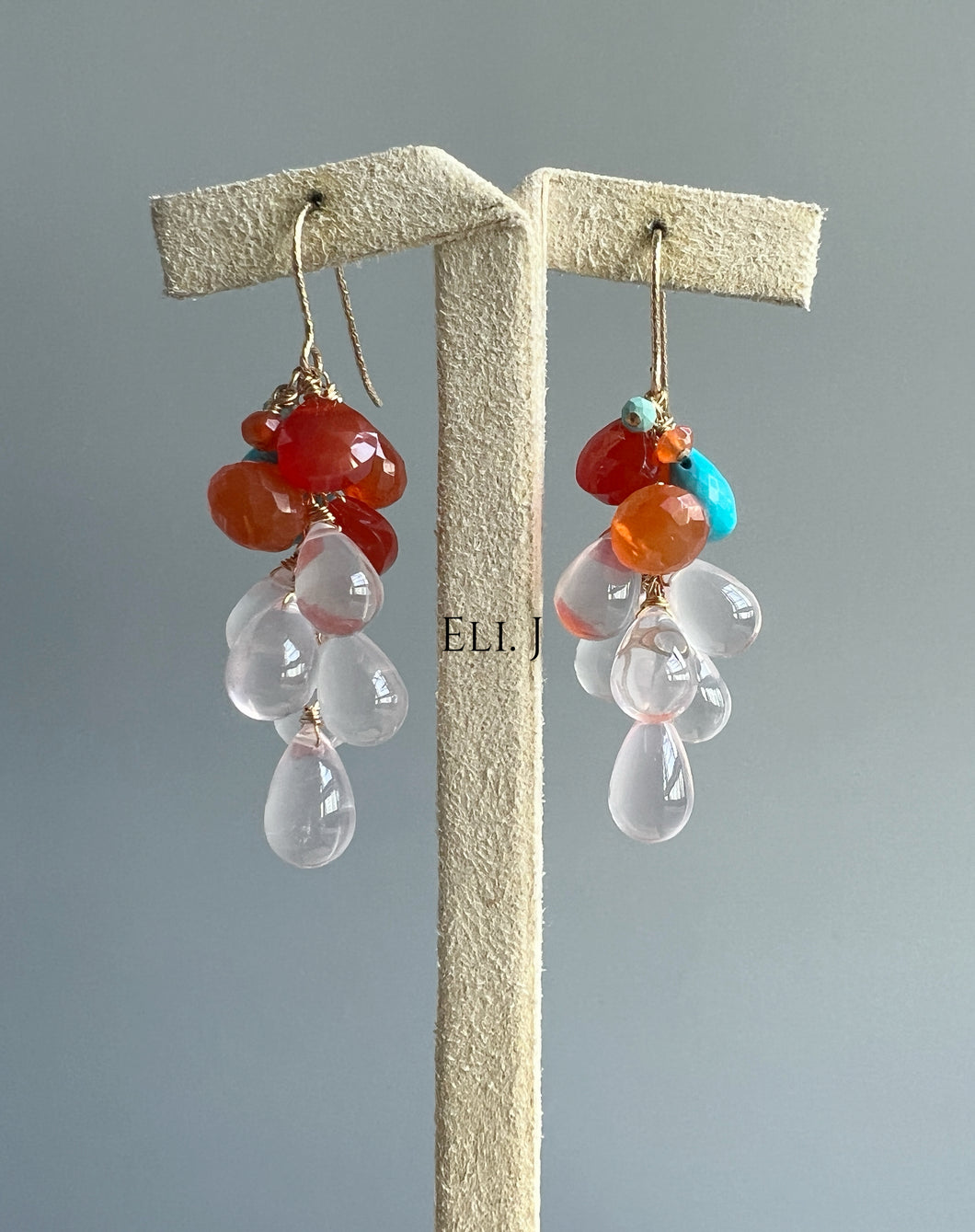 Rose Quartz, Sleeping Beauty Turquoise, Carnelian 14KGF Earrings