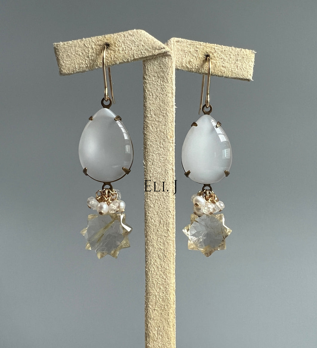 Vintage “Moonstone” Glass, Golden Rutile Stars, 14kGF Earrings