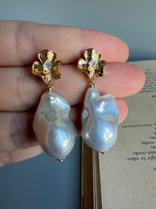 Ivory-Silver Baroque Pearls Floral Earring Studs