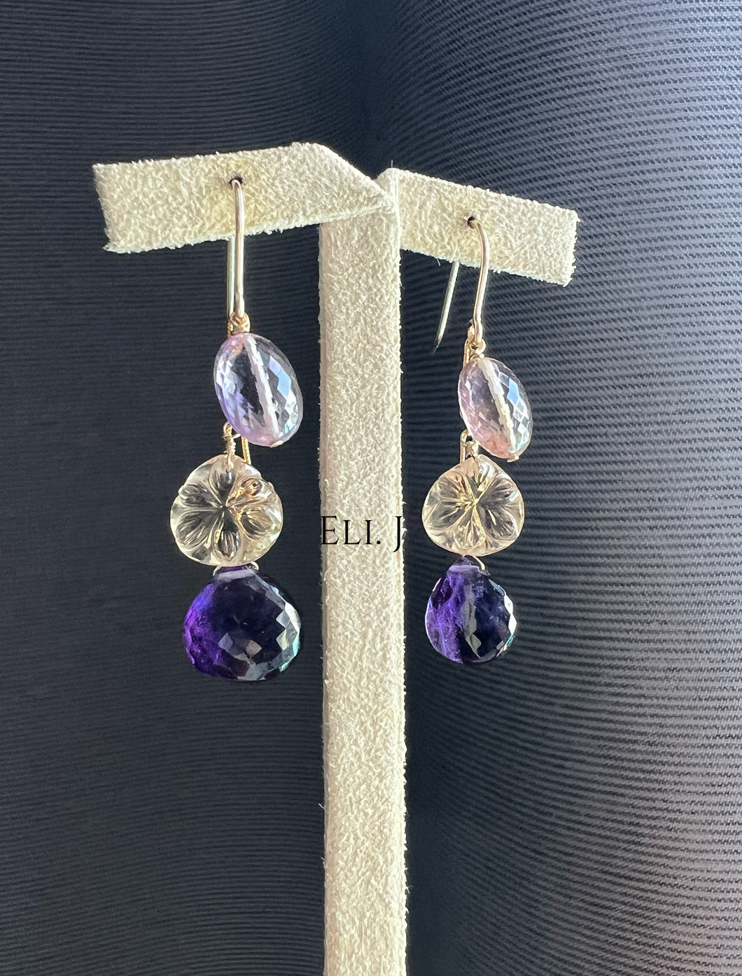 Ametrine, Carved Champagne Citrine, Amethyst 14KGF Earrings