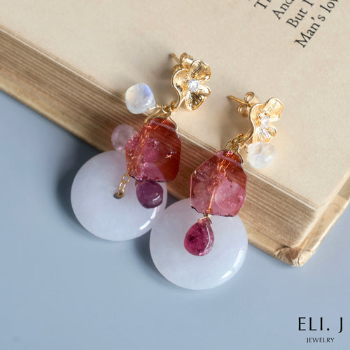 [One of A Kind] Large Lavender Type A Burmese Jade, Watermelon Tourmaline Slices, Gemstone Earrings