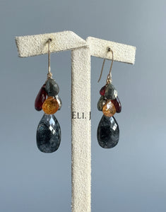 Black Rutile, Orange Garnet, Pyrite, Garnet 14KGF Earrings