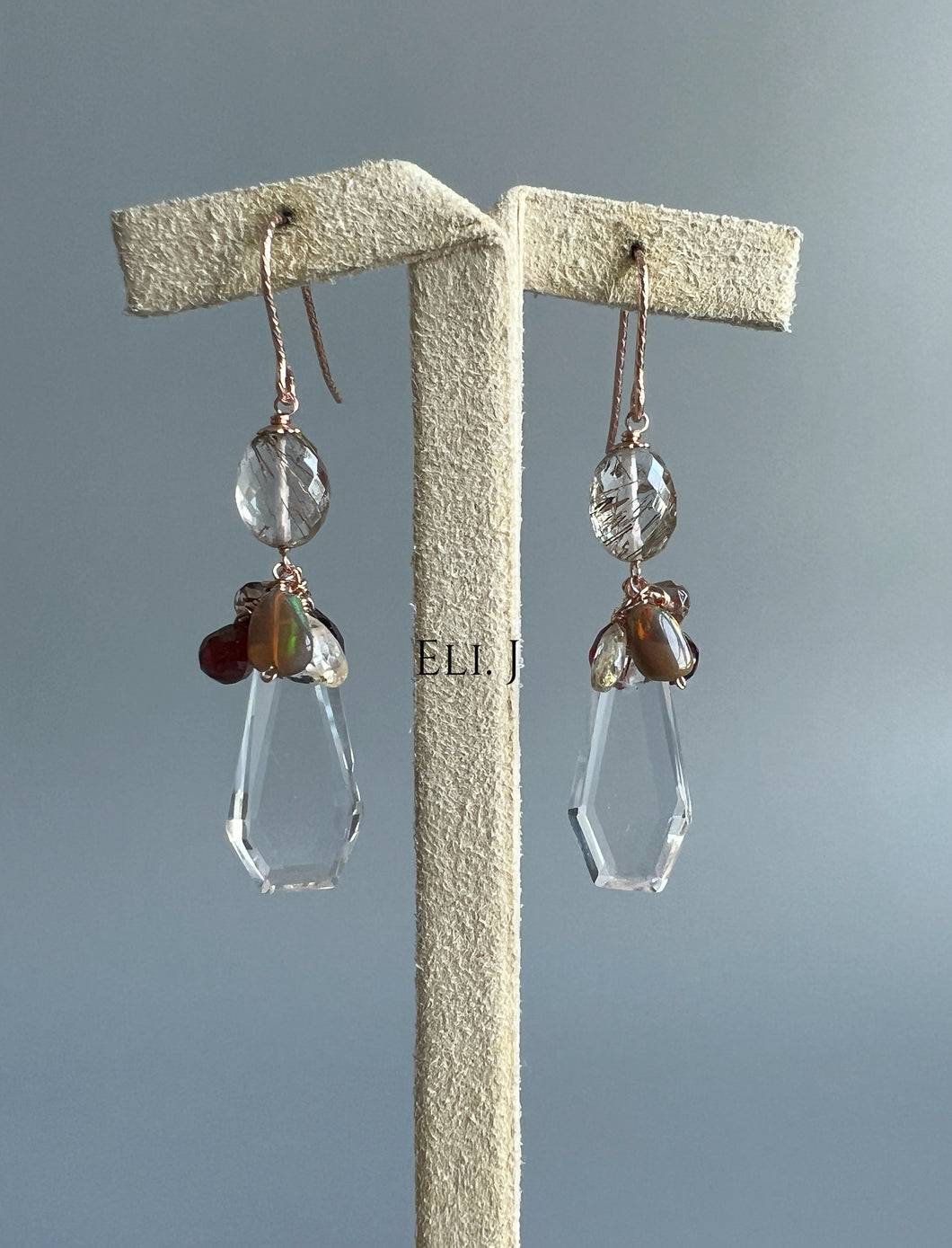 Copper Rutile, Black Opal, Portrait-cut Clear Quartz, Zircon 14KGF Earrings