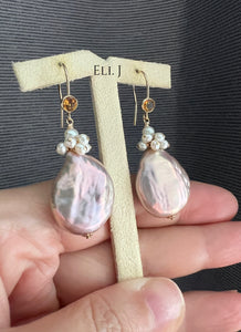 Pink-Rainbow Flat Baroque Pearls Citrine 14kGF Earrings