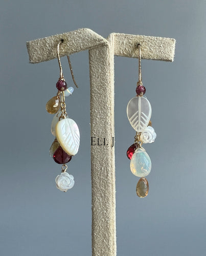 Mother of Pearl Leaves & Roses, Garnet, Opal, Citrine 14KGF Earrings