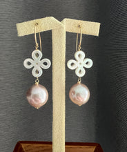 Load image into Gallery viewer, Large Deep Pink-Bronze Roundish Edison Pearls, MOP Knots 14kGF Earrings