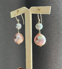 Load image into Gallery viewer, Silver Blue Akoya Pearls, Large Deep Pink-Rainbow Edison Pearls 14kGF Earrings