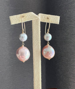 Silver Blue Akoya Pearls, Large Deep Pink-Rainbow Edison Pearls 14kGF Earrings