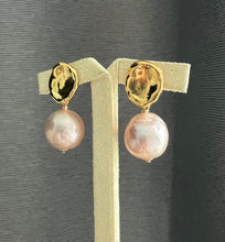 Load image into Gallery viewer, Large Champagne Peach-Pink Roundish Edison Pearls Gold Tab Earrings
