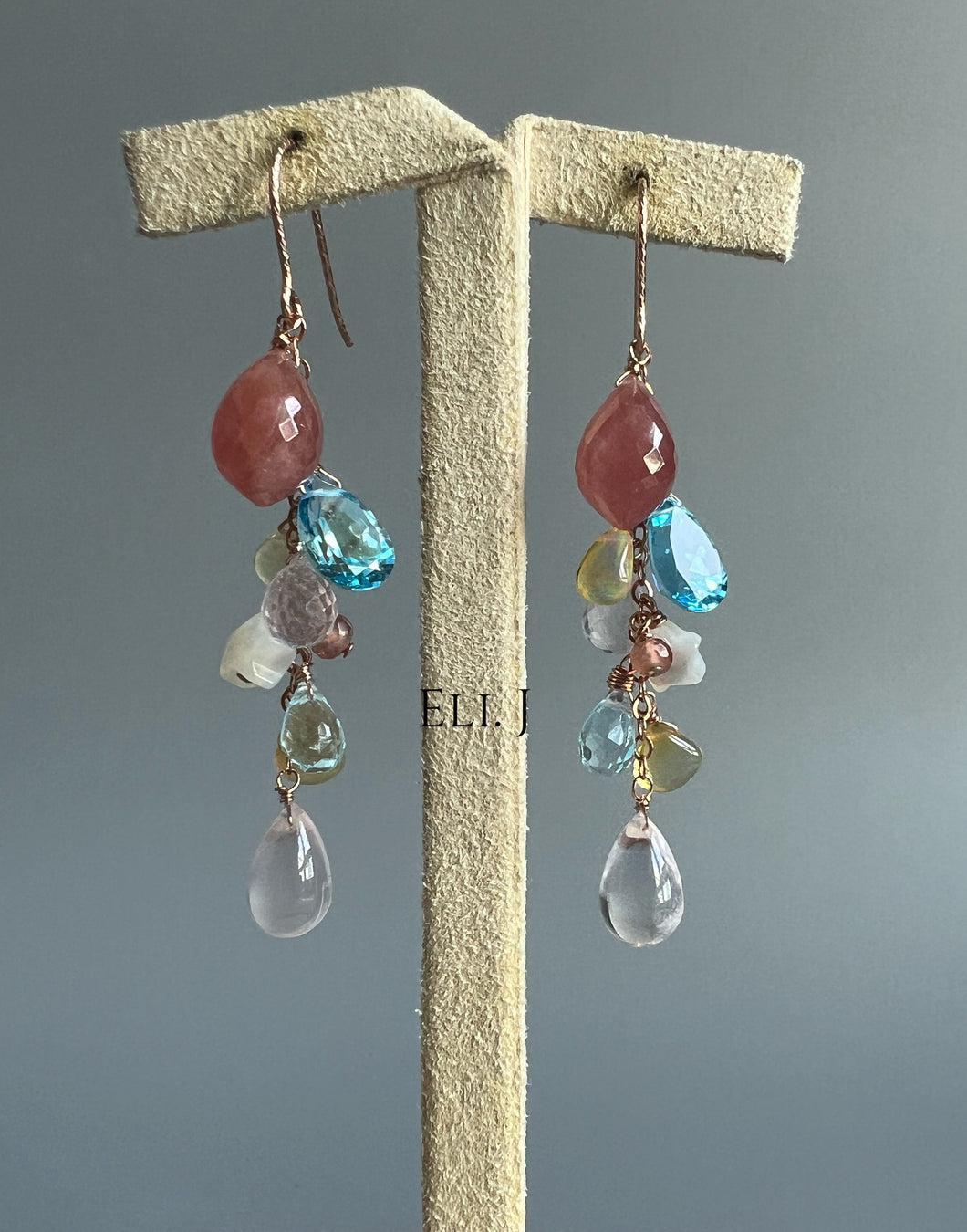 Rhodocrosite, Swiss Blue Topaz, Rose Quartz Etc 14KRGF Earrings