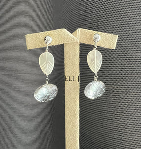 Ice: Carved Clear Quartz, MOP Leaf 925 Sterling Silver Earrings