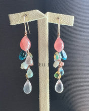 Load image into Gallery viewer, Rhodocrosite, Swiss Blue Topaz, Rose Quartz Etc 14KRGF Earrings