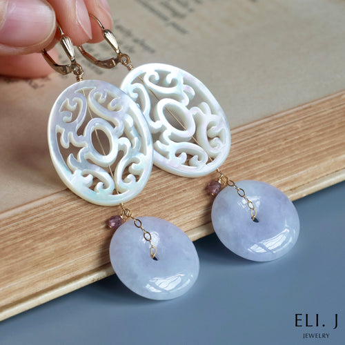 [Rare] Strong Lavender Type A Burmese Jade Donuts, Mother of Pearl, Gemstone Earrings