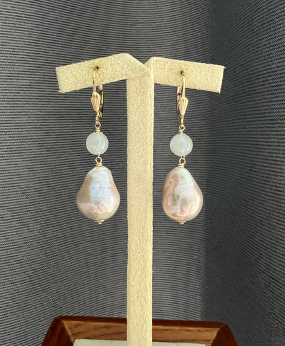 Peach- Gold Edison Pearls, Icy Jadeite Balls, 14kGF Earrings