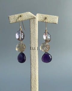 Ametrine, Carved Champagne Citrine, Amethyst 14KGF Earrings