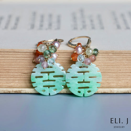 [Signature] 喜喜 Double Happiness Mint Green Type A Burmese Jade, 0.8ct Genuine Silver Diamonds, Gemstone Earrings