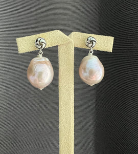 Sweet Pink-Rainbow Large Edison Pearls Silver Knot Earring Studs