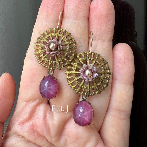 Vintage “Star Sapphire”, Ornate Round Charm 14KGF Earrings