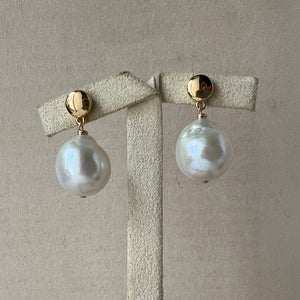 Large Ivory Pearls, Gold Round Stud Earrings