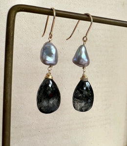 Black Rutile, Silver Keshi Pearls 14kGF Earrings