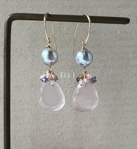 Rose Quartz, Silver Akoya Pearls & Gems 14kGF Earrings