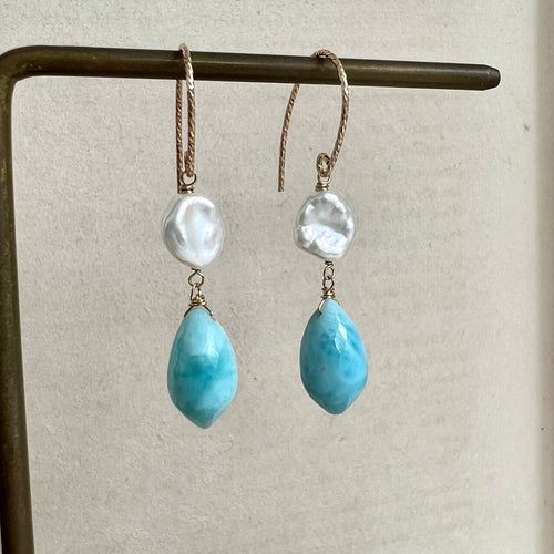 Larimar, Keshi Pearls 14kGF Earrings