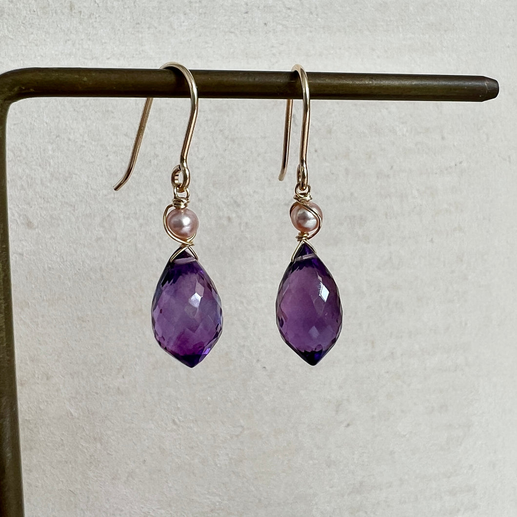 Amethyst Drops & Pearls 14kGF Earrings