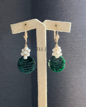 Load image into Gallery viewer, Exclusive: 喜喜 Double Happiness Dark Green Jade &amp; Pearls 14KGF Earrings
