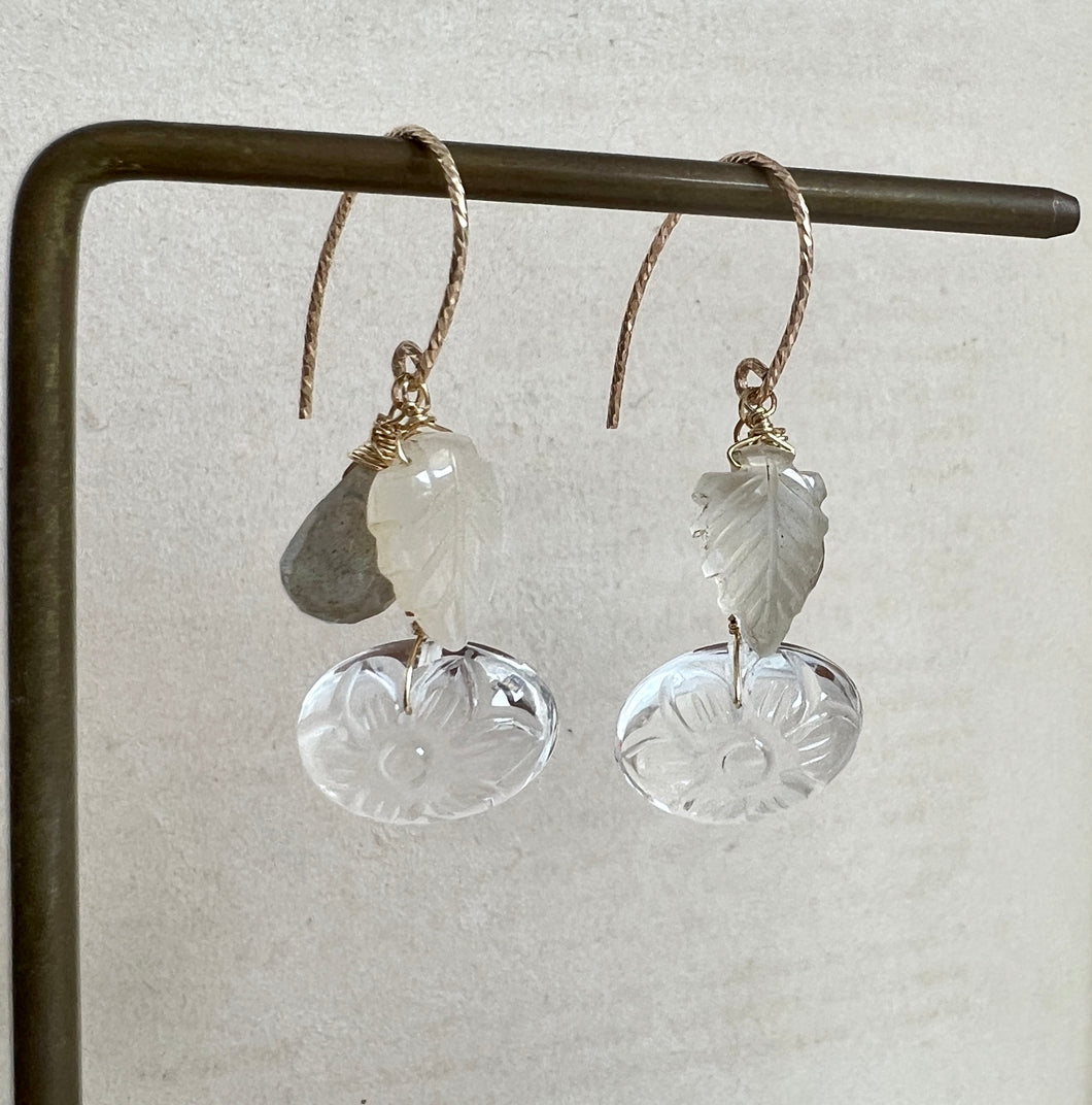 Carved Quartz, Moonstone 14kGF Earrings