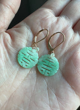Load image into Gallery viewer, 18K SOLID GOLD: 喜喜 Double Happiness Mint Green Jade, Silver Diamond Drop Earrings