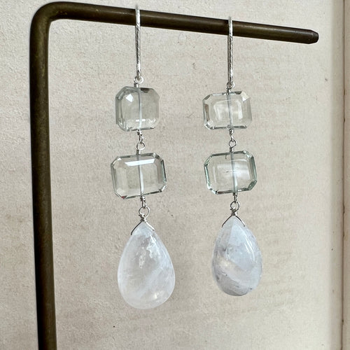 Rainbow Moonstone, Green Amethyst 925 Silver Earrings