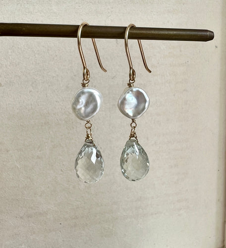 Green Amethyst, Ivory Keshi Pearls 14kGF Earrings