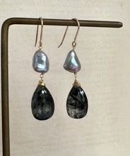 Load image into Gallery viewer, Black Rutile, Silver Keshi Pearls 14kGF Earrings