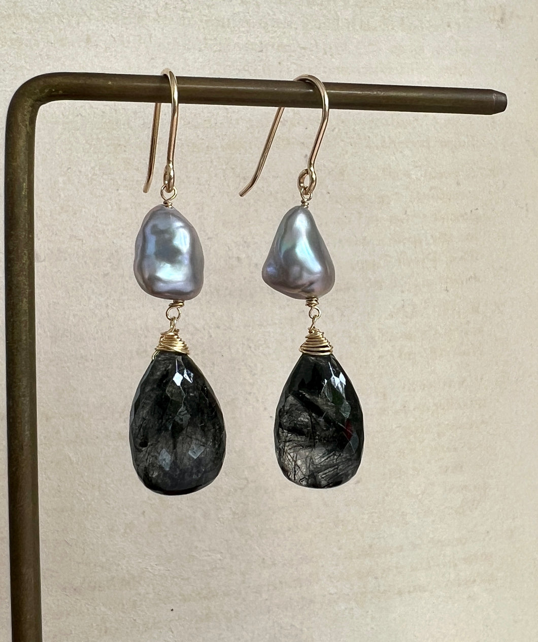 Black Rutile, Silver Keshi Pearls 14kGF Earrings