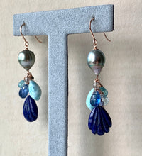 Load image into Gallery viewer, AAA Silver-Green Tahitian Pearls &amp; Lapis Lazuli, Larimar &amp; Blue Gems 14kRGF