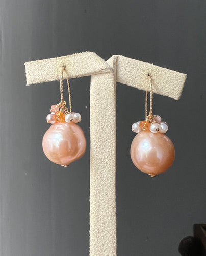 Large Peach Edison Pearls & Gems 14kGF Earrings