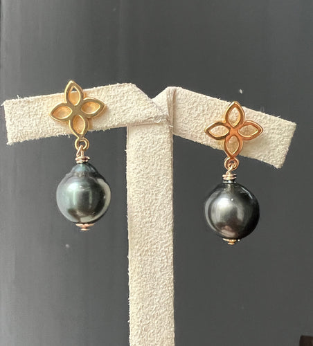 Black Tahitian Pearls Fleur de Lis 14kGF Earrings