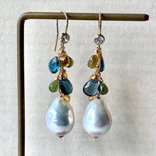 Load image into Gallery viewer, Ivory Baroque Pearls, London Blue Topaz, Citrine, Green Tourmaline 14kGF Earrings