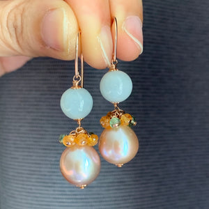 Type A Jade, Peach Pearls & Gemstones 14k Gold Filled Earrings