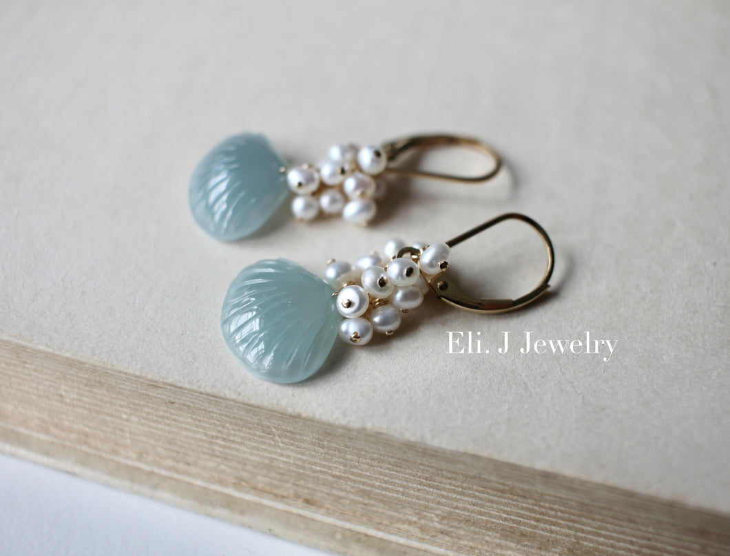Eli. J Exclusive: Soft Seafoam- Green Jade Shells & Pearls 14kGF Earrings