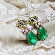Load image into Gallery viewer, Cloisonne Bead, Vintage Leaf Glass Gems, Pearls 14kGF Earrings