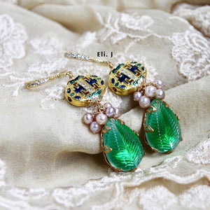 Cloisonne Bead, Vintage Leaf Glass Gems, Pearls 14kGF Earrings